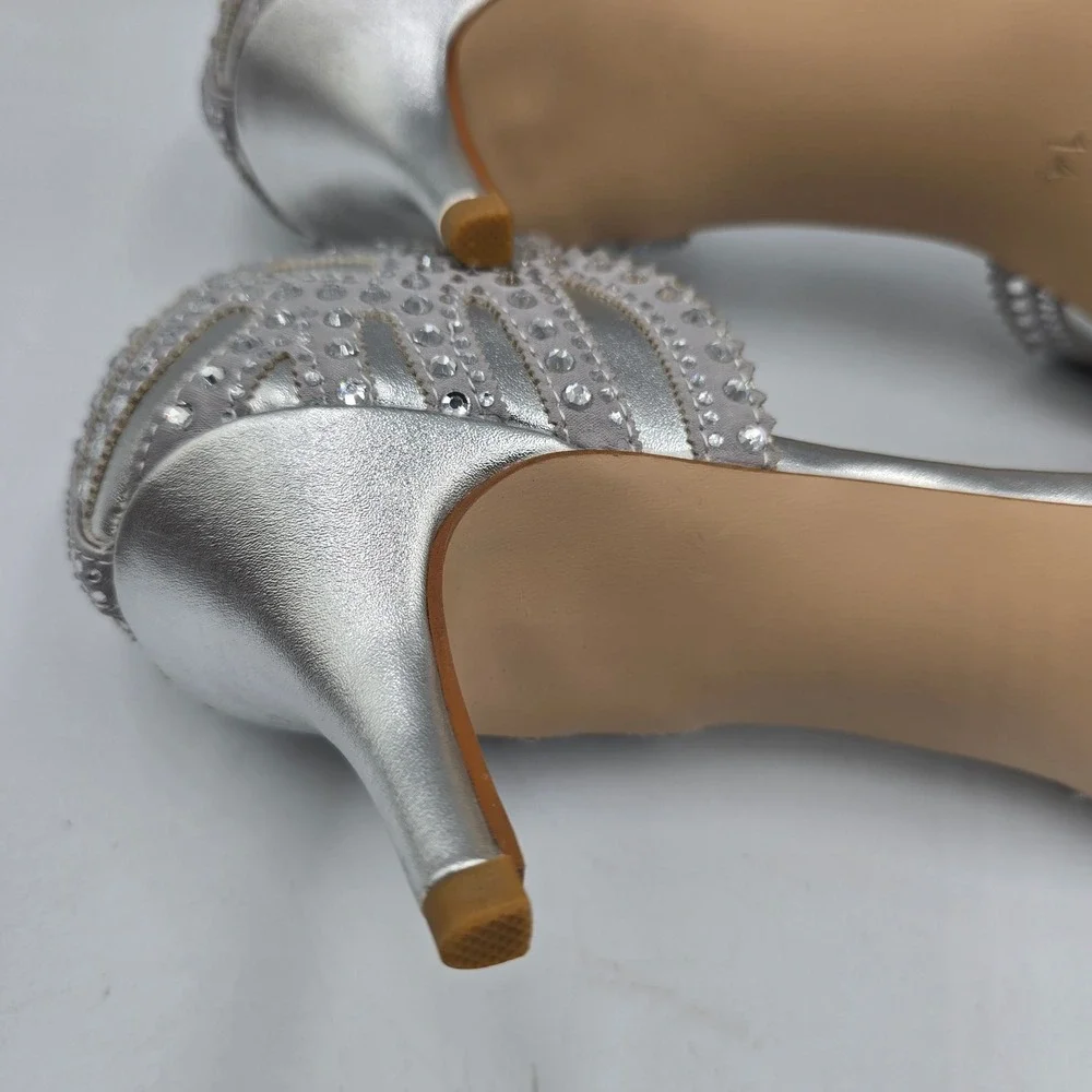 XYD Heels Women 14 D'Orsay Kitten Silver Rhinestone Laser Cut Scalloped Big Girl